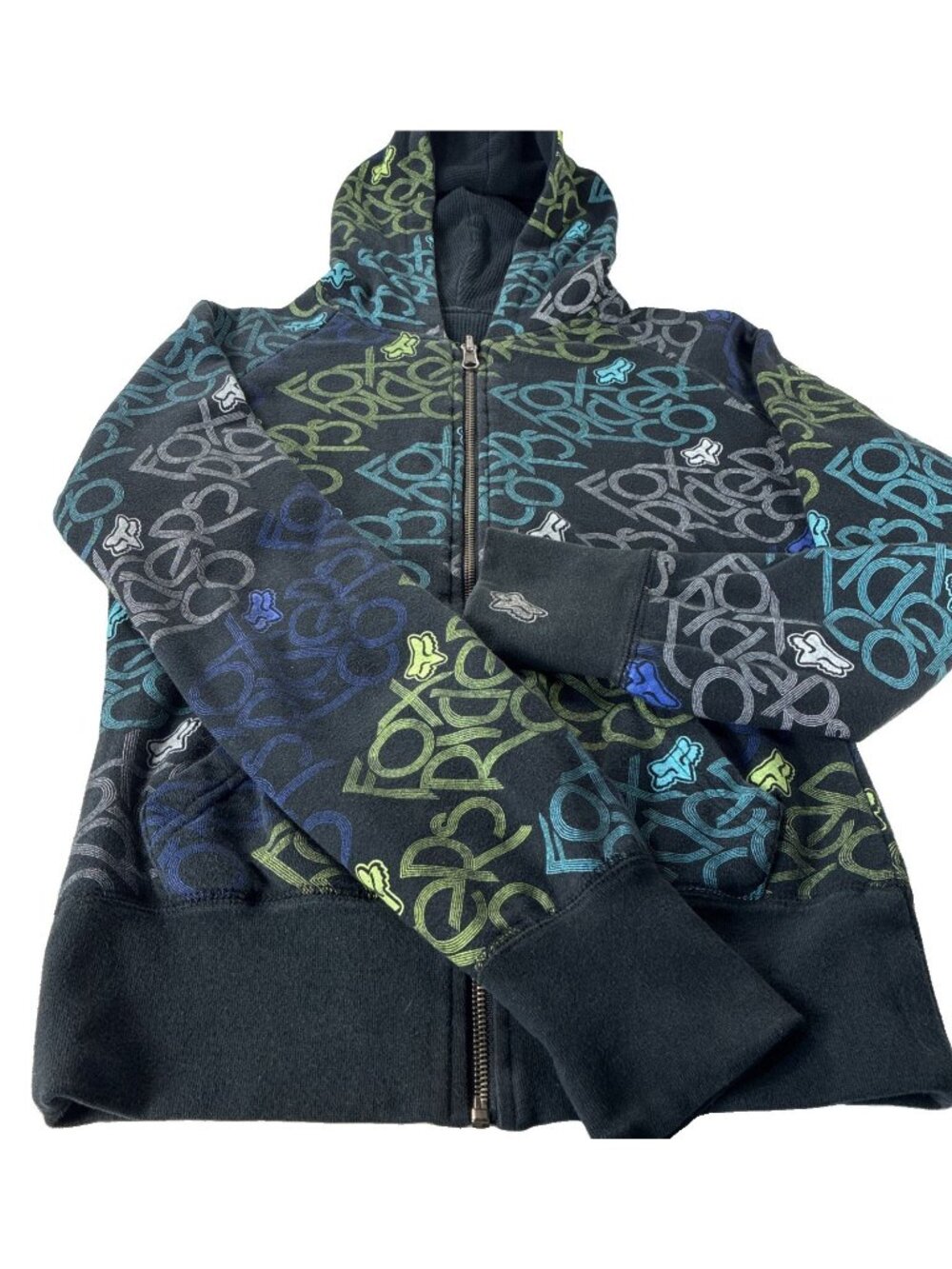 Vintage Y2K Fox Racing Reversible Full Zip Hoodie Black Graffiti Print Medium
